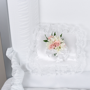 white satin pillow/ daisies & pink roses sympathy