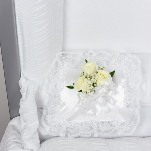 White satin pillow/ white roses sympathy
