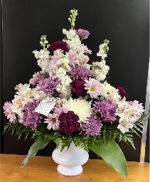 White Silence, Purple Memory Funeral urn table arrangement
