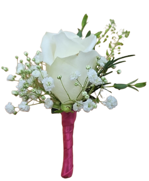 White Single Rose Boutonniere Choice of Ribbon Color