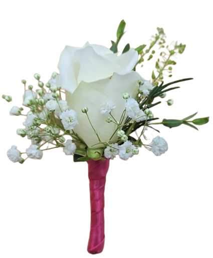 White Single Rose Boutonniere Choice of Ribbon Color