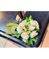 White Spray Rose and Peacock Feather Corsage  