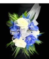 White spray rose blue delphinium  