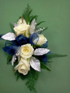 White Spray Rose silver leaves royal blue ribbon Wrist Corsage