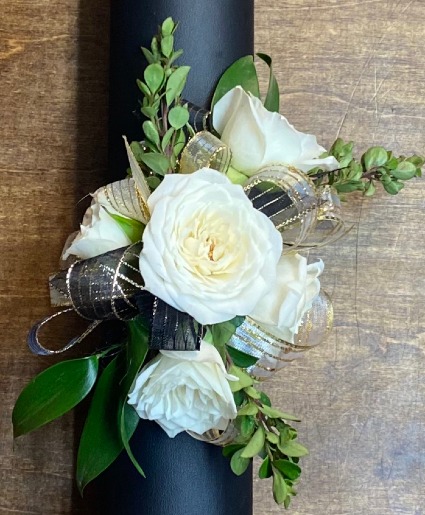 White Spray Rose with Navy and Gold Accents Wrist Corsage