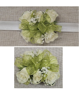 White Spray Rose with Sage Green Bow Corsage