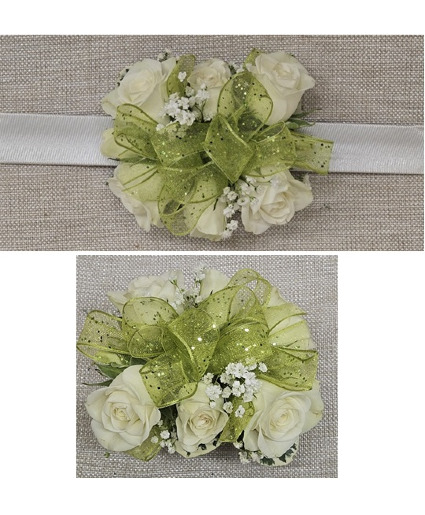 White Spray Rose with Sage Green Bow Corsage