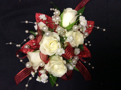 WHITE SPRAY ROSE WITH RED ACCENTS CORSAGE