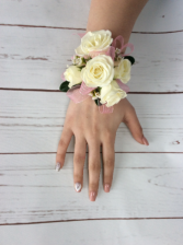 WHITE SPRAY ROSE WRIST CORSAGE