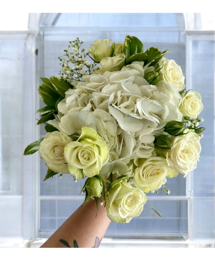 Prom Nosegay - White Spray Roses & Hydrangea Bouquet