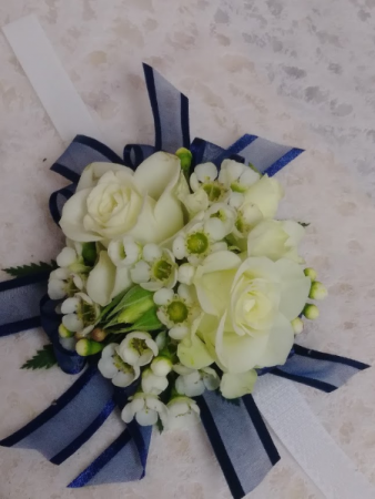White Spray Roses (Choose color) Blue Ribbon Corsage