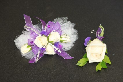 White Spray Roses Purple & Silver Accents