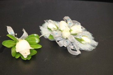White Spray Roses Silver & Light Blue Accents