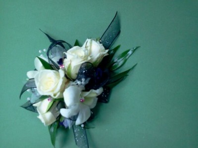 White Spray Roses & White Orchid Wrist Corsage 