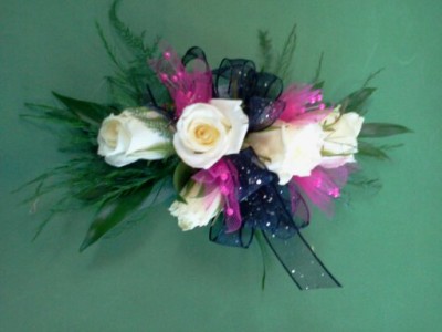 White Spray Roses with Black & Hot pink ribbon Wrist Corsage