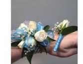 WHITE SPRAY ROSE/TEAL SET CORSAGE AND BOUT SET