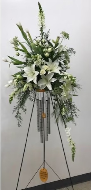 White Standing Spray with Windchime funeral arrangement