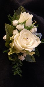 White Sweetheart Roses with Light Blue Accent Boutonniere