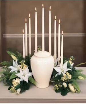 White Urn Crescent with Candles 