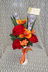 White Vase w Red, Orange & Lavender Silks 