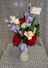 White Vase w/ Red Roses, Lavender & White Silks 