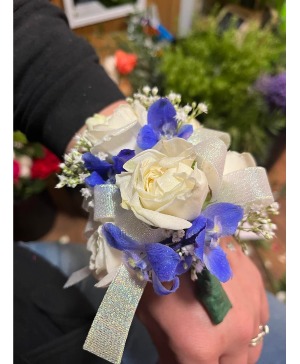White with Royal Blue Accent wrist corsage