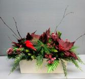 White wood box with red birds, berries   Silk Arrangement (ARTIFICIAL)