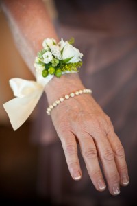 White Flower Wrist Corsage with double satin ribbon tie