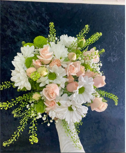 Whites, Light Pinks, and Greens Handheld Bouquet 