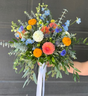 Blues, Corals and Yellows Wildflower Bridal Bouquet