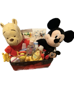WINNIE AND MICKEY HANGING OUT BASKET FULL OF NEW BABY ITEMS