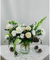 Greens and Whites Winter Arrangement Designer's Choice Vased Arrangement