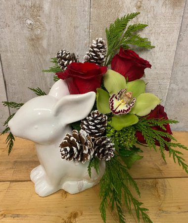 Winter Bunny Floral Arrangement in ceramic bunny