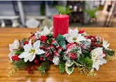 Winter Centerpiece w/Red Pillar Candle Silk Centerpiece