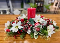 Winter Centerpiece w/Red Pillar Candle Silk Centerpiece
