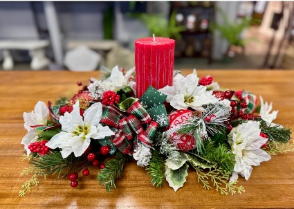 Winter Centerpiece w/Red Pillar Candle Silk Centerpiece