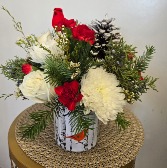 Winter Greetings Cardinal & Birch Container with Fresh Flowers & Greens