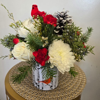 Winter Greetings Cardinal & Birch Container with Fresh Flowers & Greens