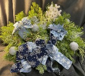 Winter in Silver and Blue Large Silver Tub loaded with greens and ribbon