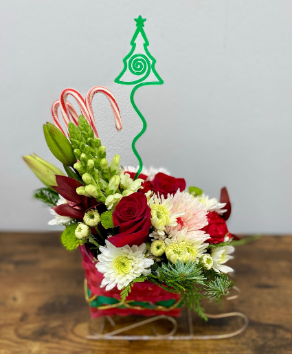 Winter Peppermint Sleigh Floral Arrangement
