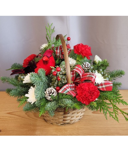 Winter Red Bird Basket Arrangement