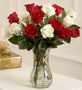 Hugs & Kisses 12 Red & White rose vase
