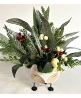 Winter White Fox with Artificial Evergreens 