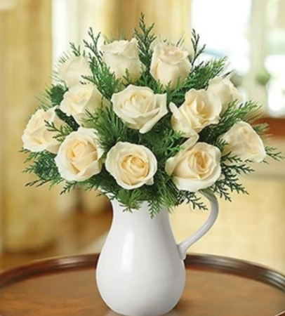 Winter White Pitcher of Roses 