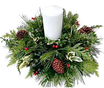 Winter's Greens Pillar Centerpiece in Fitchburg, MA | CAULEY'S FLORIST & GARDEN CENTER