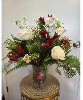 Winter's Winged Messengers Fresh Greens & Flowers in Cardinal Vase