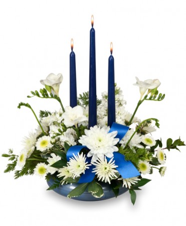 Bright White & Blue Centerpiece Flower Bouquet