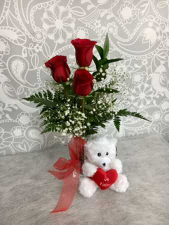 Amour pour Toujours  3 Red Rose vase with Teddy Bear 