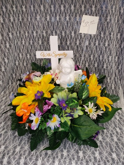 With Sympathy Cross & Cherub Arrangement Silk Flowers with Wood Cross and Cherub