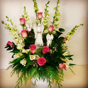 Among The Angels Pink Roses and White Filler Accent with 2 Beautiful Ceramic Angels in Plainview, TX | Kan Del's Floral, Candles & Gifts Among The Angels Pink Roses and White Filler Accent with 2 Beautiful Ceramic Angels in Plainview, TX | Kan Del's Floral, Candles & Gifts